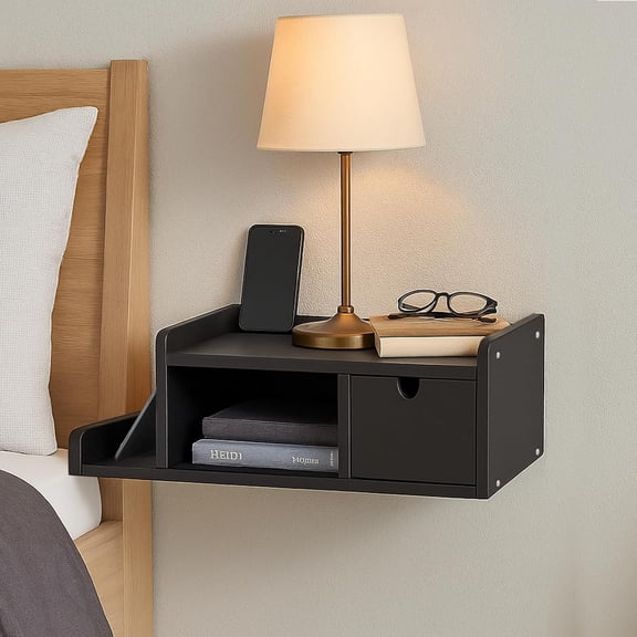 Floating Nightstand with Drawer & Shelf, Wall Mounted Bedside Table for Small Bedrooms, Modern Black End Table with Space Saving Design（Black）