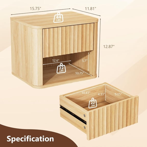 Floating Nightstand with Fluted Design and Rounded Edge, 1 Drawer Oak Wood Bedside Table for Bedroom Storage