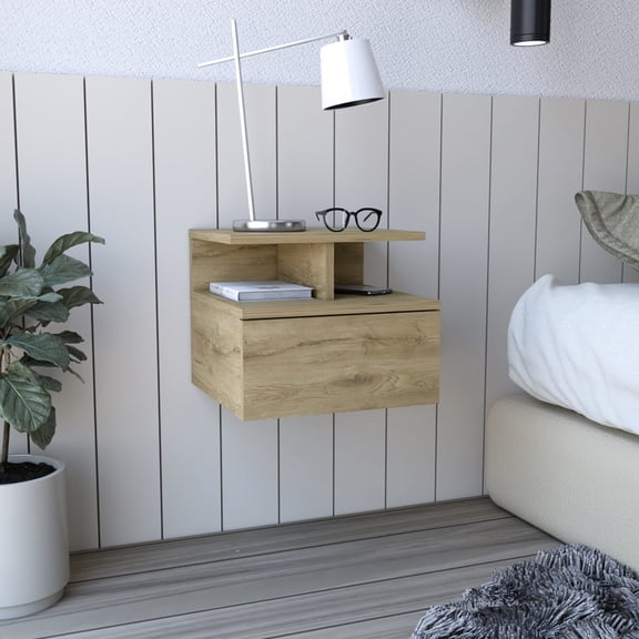 Floating Nightstand with Open Shelves and Drawer / Bedroom Storage Solution