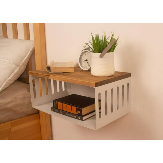 Floating Nightstand with White Metal Base, Wooden Top and Sturdy Metal Base, Minimalist Bedside Table, Wall Mounted Shelf, Bedside Shelf (CAPETOWN)