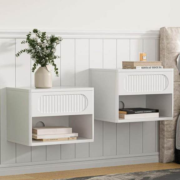 Floating Nightstands with Drawer Set of 2, Modern Wall Mounted Bedside Tables for Bedroom, Space Saving Storage Cabinets, Easy Install Hanging Shelf Night Stands for Small Spaces (White)