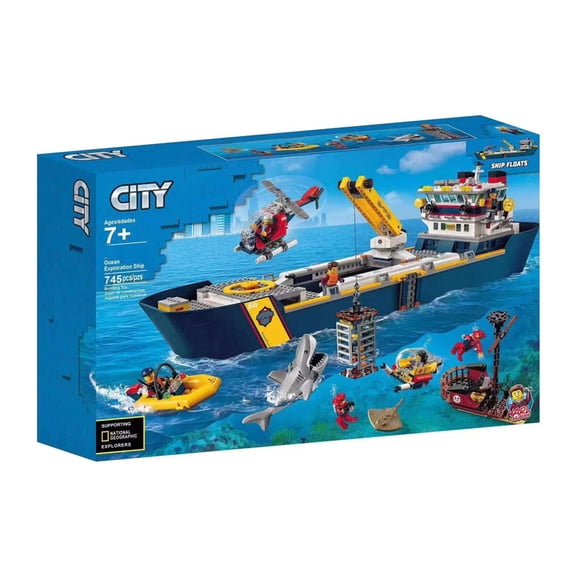Floating Ocean Exploration Ship Building Blocks 745PCS, Marine Adventure STEM Brick Playset with Helicopter & Shark Figures
