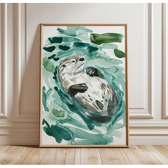 Floating Otter Poster | Watercolor Animal Print | Green River Wall Art, Poster Only