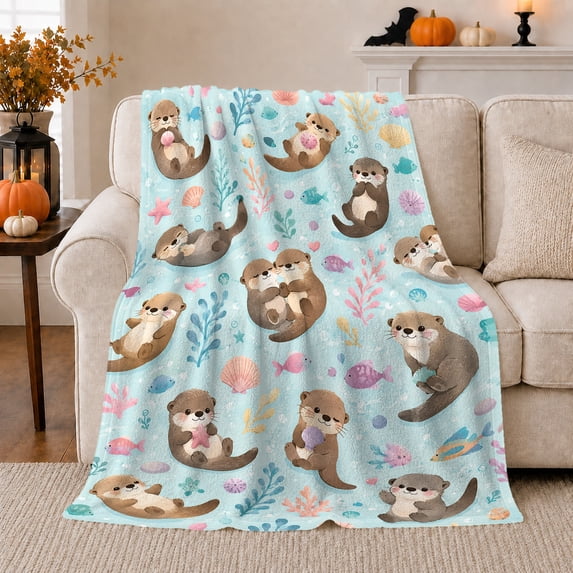 Floating Otters With Pastel Shells Fish And Hearts, Pastel Cartoon Marine Pattern, Friendship Gift for Otter Art Enthusiasts, Cozy Flannel Blanket and Home Decor for Living Room and Bedroom
