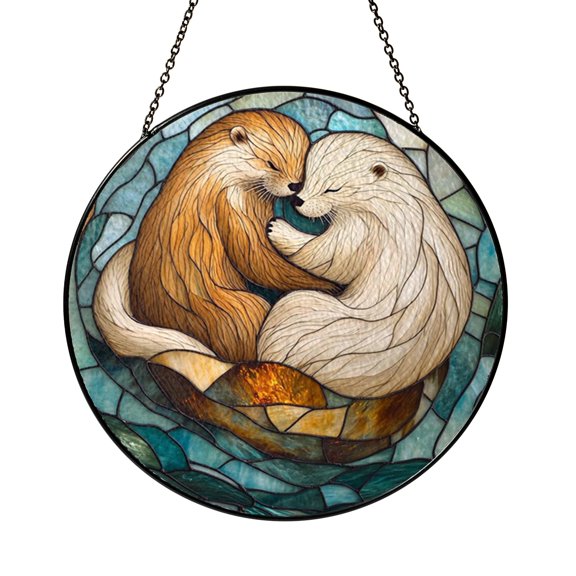 Floating Otters Window Suncatcher, Stained Glass Style Aquatic Nature Scene Decor