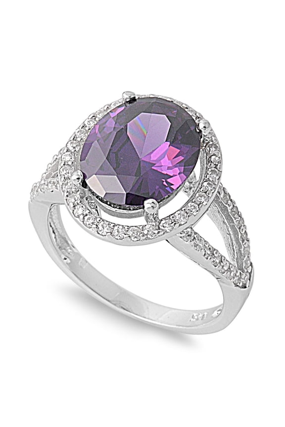 Floating Oval Center Simulated Amethyst Cubic Zirconia Ring Sterling Silver 925