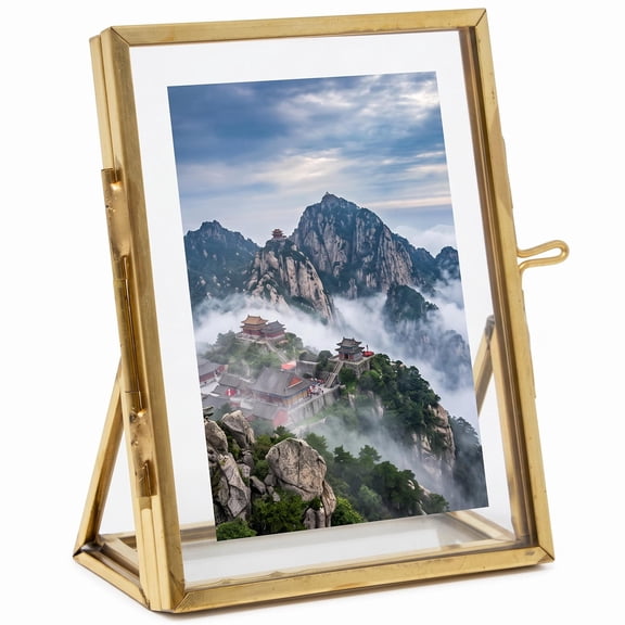 Floating Photo Frame,Gold Vintage Brass Glass Frame,Vertical Metal Picture Frame with Sliding Locket Closure and Angled Stand,for Displaying 2x3 Photos,Wedding Table Numbers,Anniversary Gifts,Gold