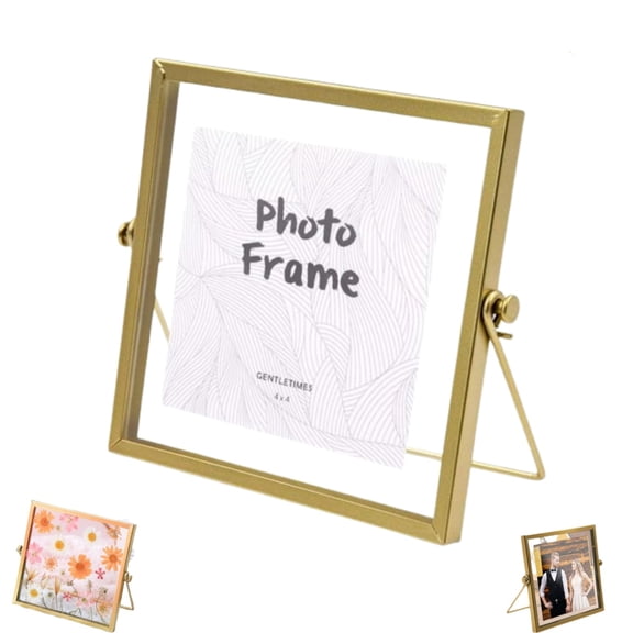 Floating Picture Frame, 4 x 4 Metal Gold Photo Frame, Mini Floating Edge Clear Glass Table Top Easel Stand Photo Frames,1Pcs
