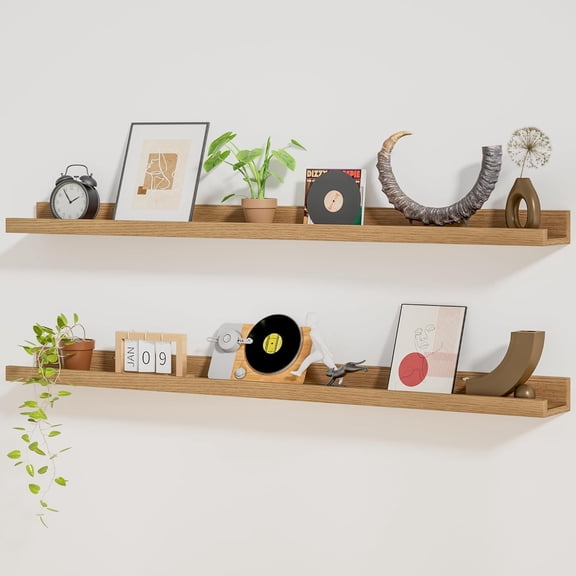 Floating Picture Ledge Shelf Set of 2, 48 Inch Long with Lip, Natural Oak