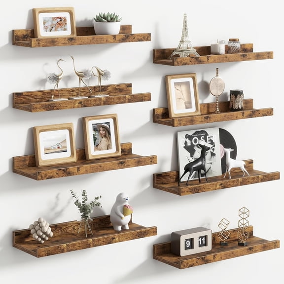 Floating Picture Ledge Shelves Set of 8, 16 Inch Solid Wood Wall Shelves with Lip, Large Nursery Book Shelf for Toys Storage, Kids Bookshelf, Living Room, Bedroom Decor Frames