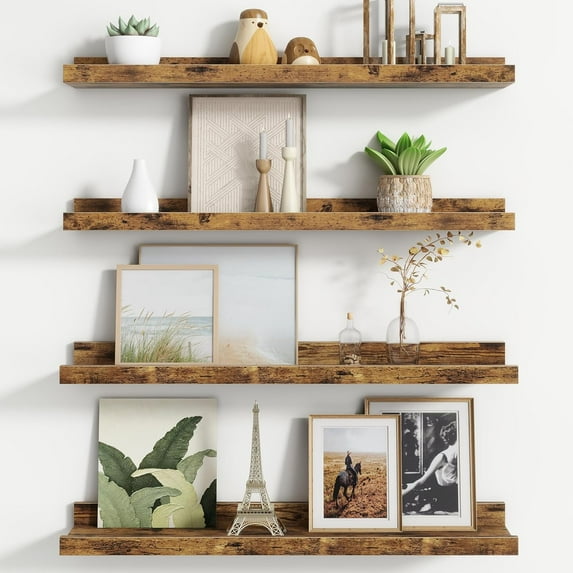 Floating Picture Ledge Shelves for Wall Set of 4, 24 Inch Solid Wood Wall Shelves with Lip Long Large Nursery Book Shelf for Toys Storage Kids Bookshelf Wall Mounted Living Room Bedroom Decor Frames