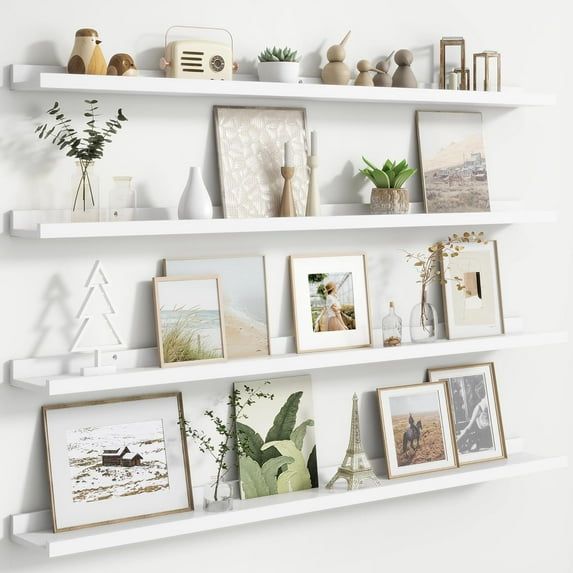 Floating Picture Ledge Shelves for Wall Set of 4, 48 Inch Solid Wood Wall Shelves with Lip Long Large Nursery Book Shelf for Toys Storage Kids Bookshelf Wall Mounted Living Room Bedroom Decor Frames