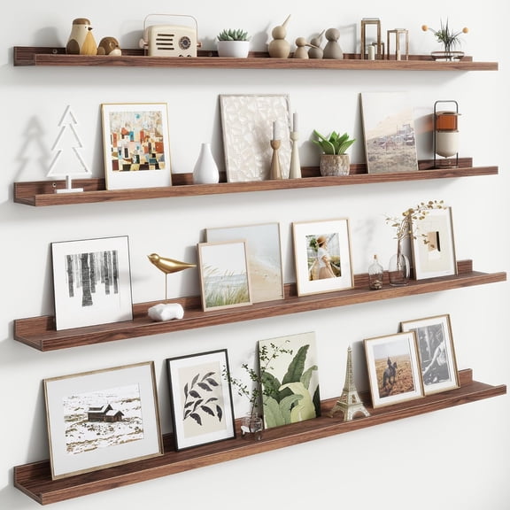 Floating Picture Ledge Shelves for Wall Set of 4, 56 Inch Solid Wood Wall Shelves with Lip Long Large Nursery Book Shelf for Toys Storage Kids Bookshelf Wall Mounted Living Room Bedroom Decor Frames