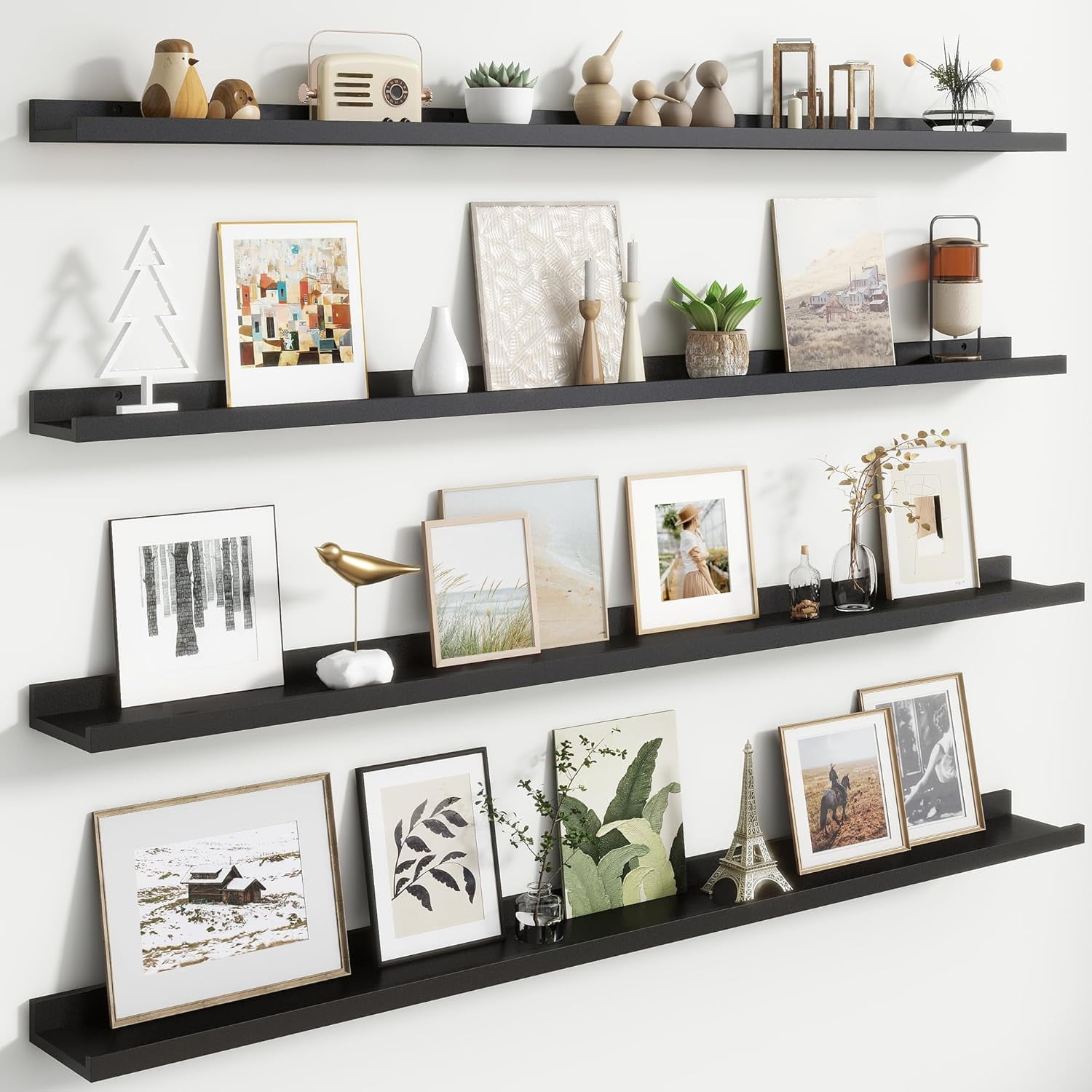 Floating Picture Ledge Shelves for Wall Set of 4, 56 Inch Solid Wood Wall Shelves with Lip Long Large Nursery Book Shelf for Toys Storage Kids Bookshelf Wall Mounted Living Room Bedroom Decor Frames