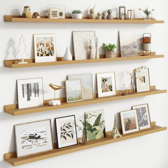 Floating Picture Ledge Shelves for Wall Set of 4, 56 Inch Solid Wood Wall Shelves with Lip Long Large Nursery Book Shelf for Toys Storage Kids Bookshelf Wall Mounted Living Room Bedroom Decor Frames