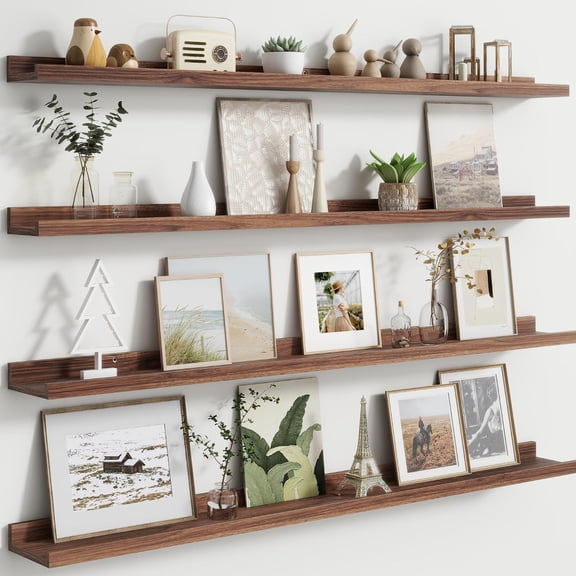 Floating Picture Ledge Shelves for Wall Set of 4, Wall Shelves with Lip Long Large Nursery Book Shelf 48 Inch, Walnut