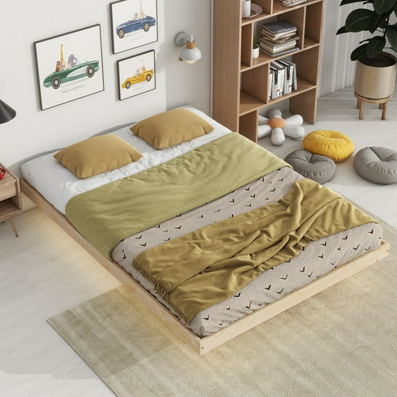 Floating Platform Bed, Full Size Wood Bed Frame with LED Light, Stylish Low Platform Bed Frame with Wood Slats Support, No Box Spring Needed, Noise Free, Easy Assembly, Natural