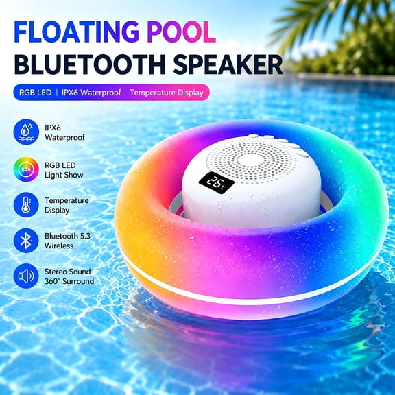 Floating Pool Bluetooth Speaker with RGB LED, IPX6 Waterproof Stereo Sound, Wireless Shower Speaker with Temperature Display, Portable Outdoor Speaker for Swimming Pool,Bathroom,Kayak, Camping,Party