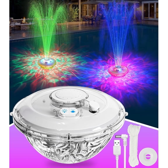 Floating Pool Fountain with Lights Show, Upgraded Pool Fountains with Anchor, Pool Water Fountain, Swimming Pool Fountains for Inground Pool, Waterfall for Above Ground Pond-White