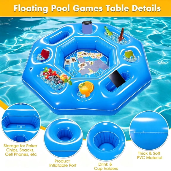 Floating Pool Game Table Inflatable Floating Drink Holder for Pool Beach Hot Tub Waterproof Playing Cards Spacious Board Game Surface Built-in Cup Holders Adults Summer Party Accessory