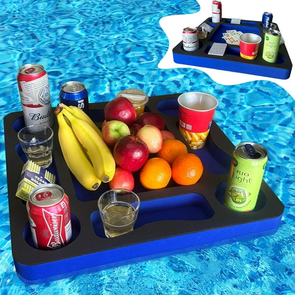 Floating Pool Games Table for Adults - All-in-One Drink Holder & Refreshment Station for Pool, Beach, Hot Tub,Waterproof Cards Included,Summer Party Essentials (Black-Blue, 19 * 19 Inch)