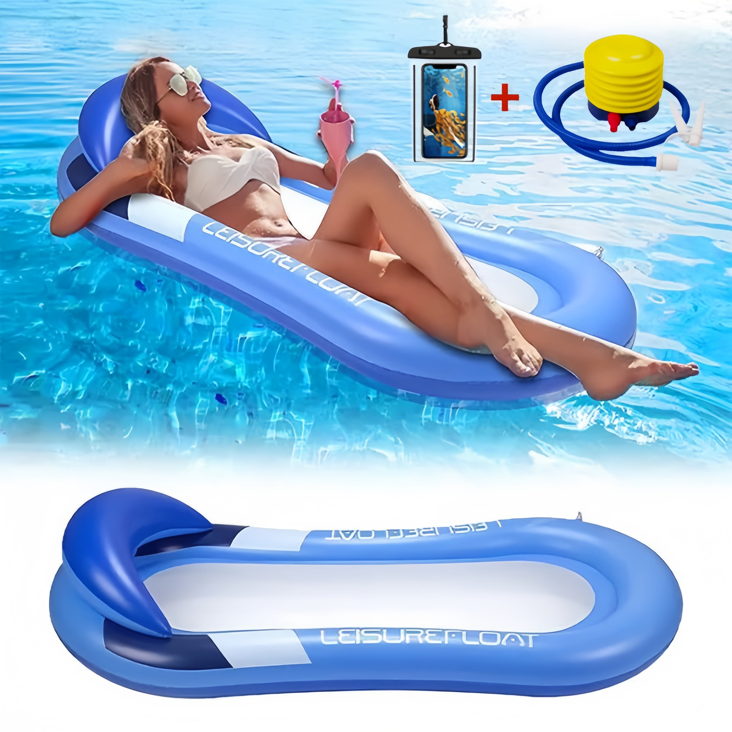 Inflatable Pool Floats Raft, Floating Pool Lounger, Water Hammock Lounge with Headrest, Swimming Chair Bed with Mesh, Beach Toy for Adults