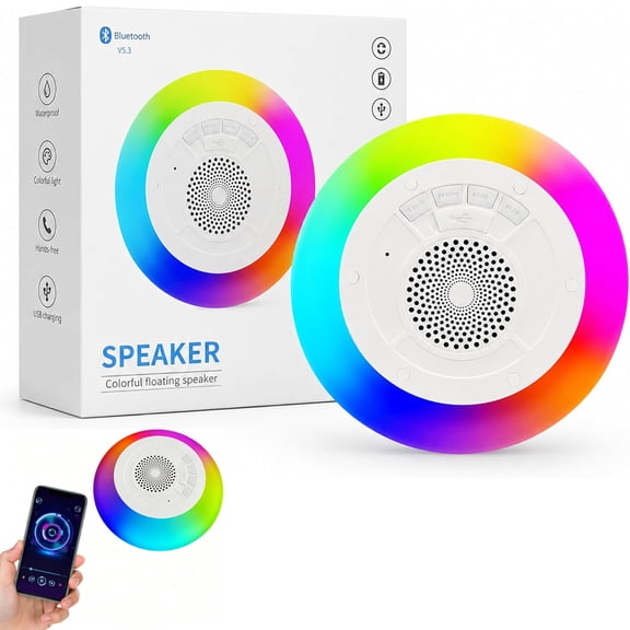 Floating Pool Speaker Bluetooth IPX7 Water Proof 5W RGB LED 1200mAh Rechargeable - Floating Water Speaker Outdoor Music Wireless Portable
