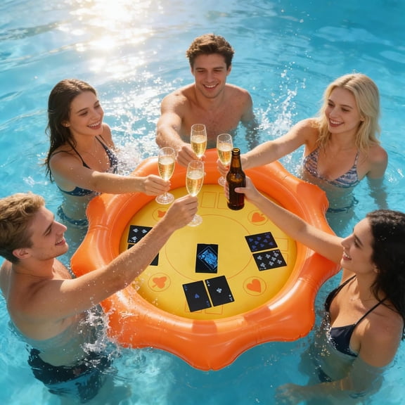 Floating Pool Table with Playing Cards,40" Inflatable Pool Float Table for Adults,Ice Drink Cooler Serving Tray Bar Outdoor Picnic,Beach, Birthday Party