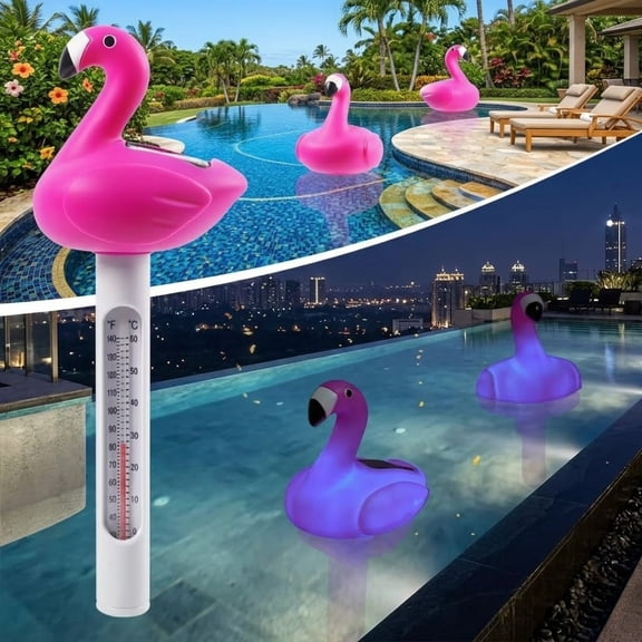 Floating Pool Thermometer,Solar Flamingo Pool Thermometer Floating,Easy Read Swimming Pool Thermometers at Night,Funny Pools Water Temperature Thermometers for Cold Plunge