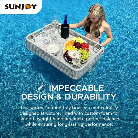 Floating Pool Tray Floating Serving Tray Table & Bar - Pool Floats for Adults, Spas, & Pool Parties - Floating Tray for Pool Serving Drinks, Sunjoy Floating Brunch 36x24'', Food on The Water - Grey