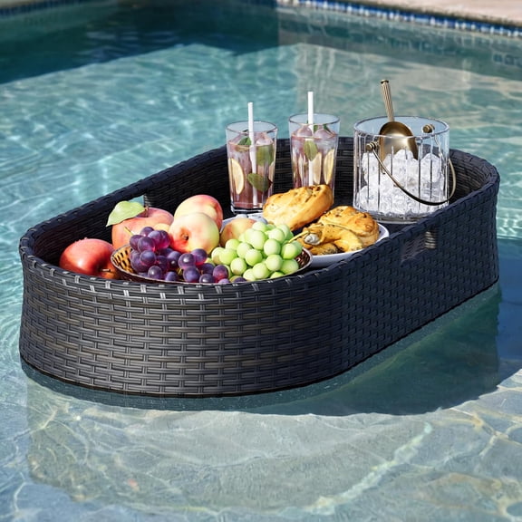 Floating Pool Tray Large PE Rattan Pool Serving Bar, Luxury Pool Floating Table with Handles for Pool Party, Hot Tub & Beach (Black)