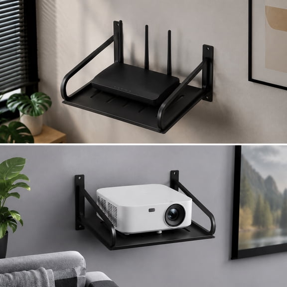 Shelves on Wall Projector Mount Small Wall Shelf for Router Speaker DVD Cable Box, Heavy Duty Metal Black, 12.99" x 9.84" ZHANGLU