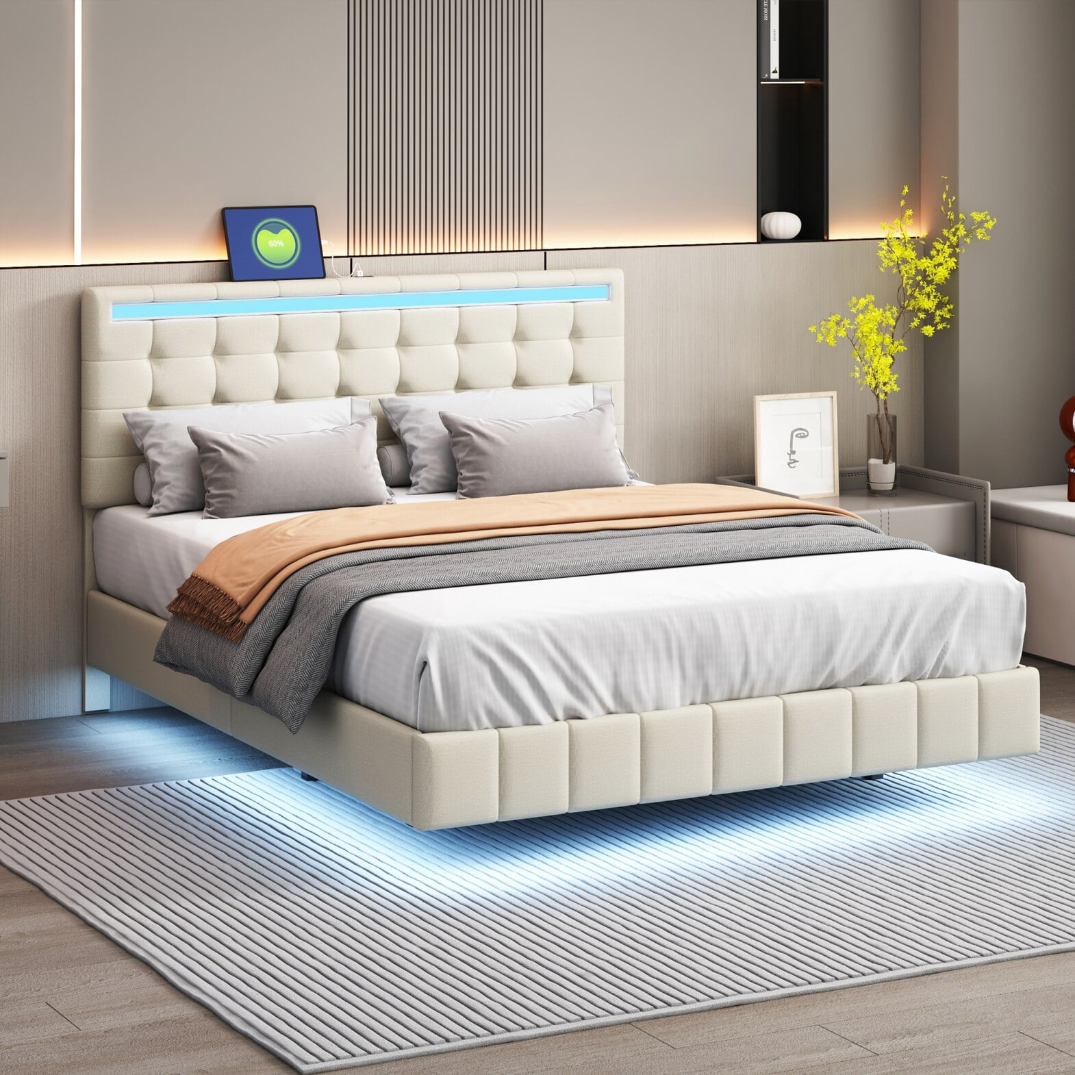 Floating Queen Bed Frame, Modern Inspired Platform Bed with LED Lights