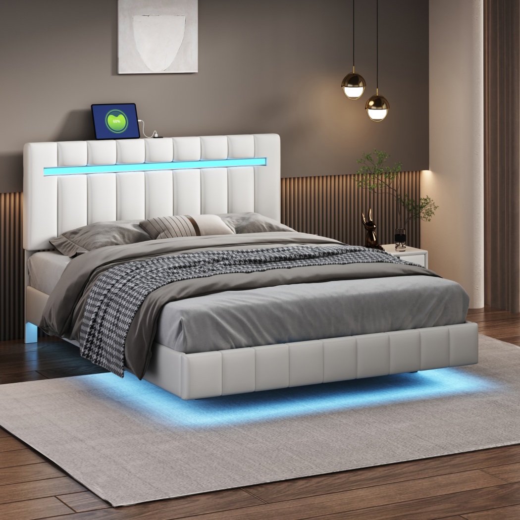 Floating Queen Bed Frame, Modern Inspired Platform Bed with LED Lights