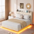 thumbnail image 1 of Memoryfield Floating Queen Size Bed Frame with LED Lights & Charging Station, Upholstered Platform Beds with Storage Headboard, No Box Spring Needed, Beige, 1 of 8