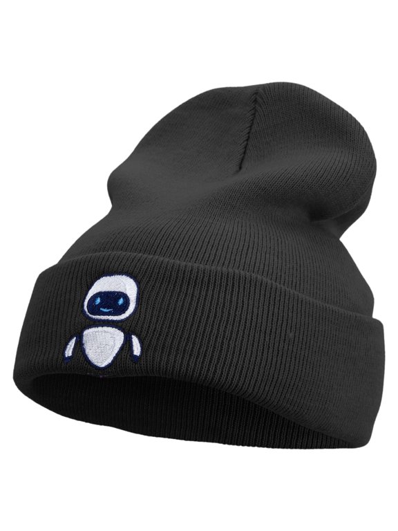 Floating Robot Embroidered 12 Inch Long Knitted Beanie - Black OSFM