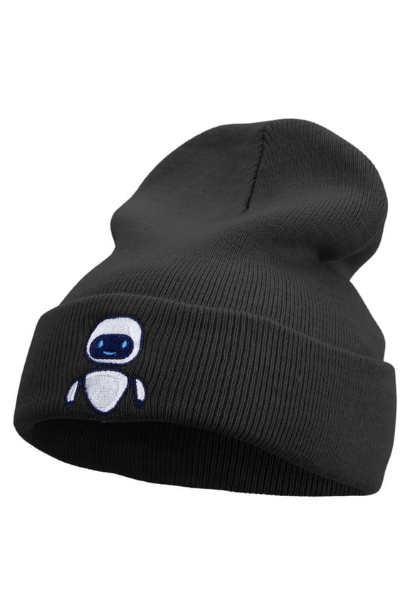 Floating Robot Embroidered 12 Inch Long Knitted Beanie - Black OSFM