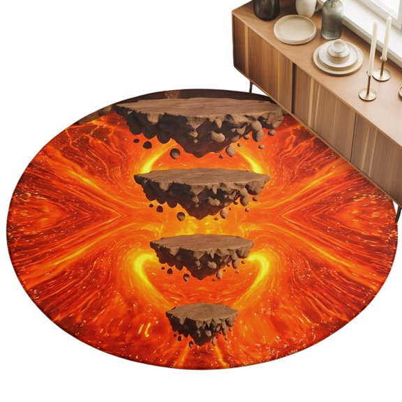Floating Rocks Area Rug, Abstract Natural Orange Red Lava Molten Core Non-Slip Felt Rubber Backing Round Indoor Carpet Washable Rugs for Living Room Bedroom 5ft