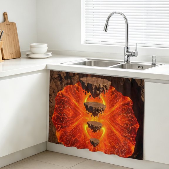 Floating Rocks Cabinet Curtains for Kitchen 10"W x 11"L, Abstract Natural Orange Red Lava Molten Core Under Sink Skirt Magic Tape Short Curtain Decorative Privacy Panel for Bathroom Laundry