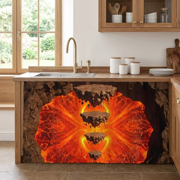 Floating Rocks Cabinet Curtains for Kitchen 28"W x 51"L, Abstract Natural Orange Red Lava Molten Core Under Sink Skirt Magic Tape Short Curtain Decorative Privacy Panel for Pantry Cabinet Opening