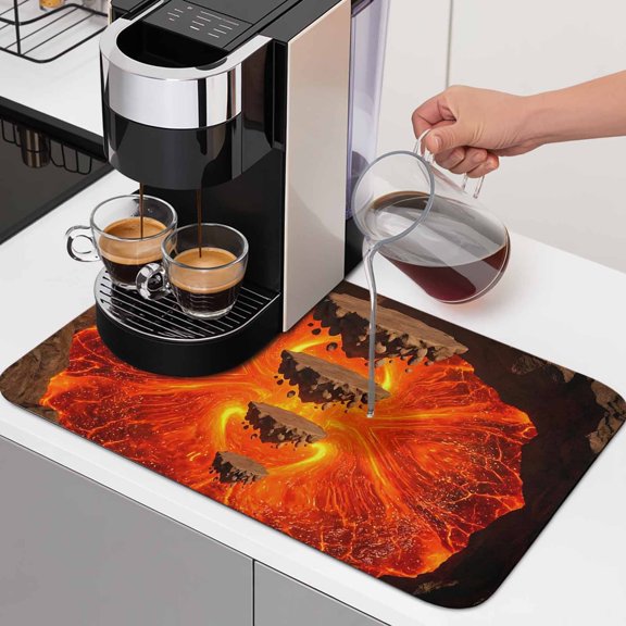 Floating Rocks Dish Drying Mats for Kitchen Counter, Abstract Natural Orange Red Lava Molten Core Absorbent Coffee Bar Mat with Non-slip Rubber Backed Quick Drying Dish Rack Pad 12"x16"