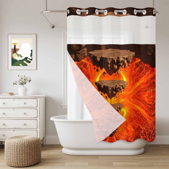 Floating Rocks No Hook Shower Curtain with Snap in Liner, Abstract Natural Orange Red Lava Molten Core Waterproof Shower Curtains with See Through Top Window Liner for Bathroom, 60x72 Inches