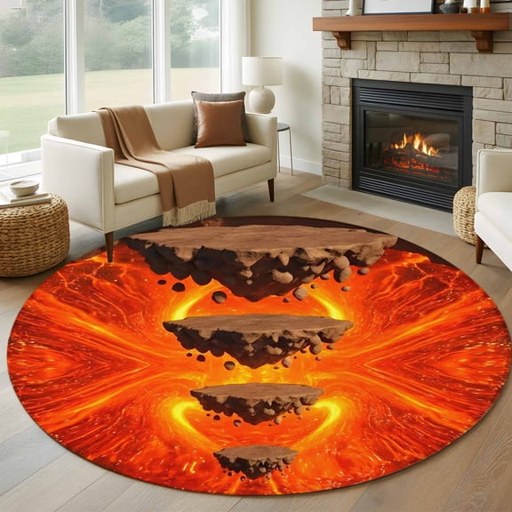 Floating Rocks Large Round Rug 7Ft Abstract Natural Orange Red Lava Molten Core Circle Area Rugs Washable Non Slip Indoor Floor Mats Carpet for Living Room Bedroom Dining Room Home Decor