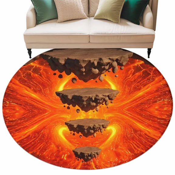 Floating Rocks Round Living Room Rugs 6 ft, Abstract Natural Orange Red Lava Molten Core Washable Area Rug with Non-Slip Sturdy Edge Binding Round Carpet for Kitchen Office Bedroom
