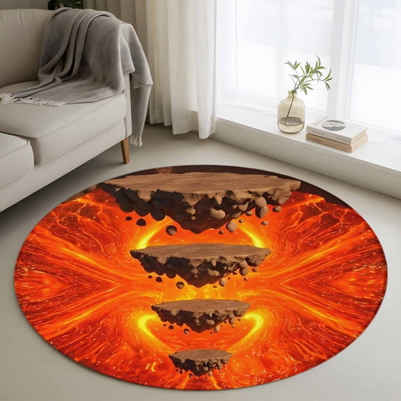 Floating Rocks Round Rugs for Living Room 3ft Abstract Natural Orange Red Lava Molten Core Non Slip Circle Rug Washable Low-Profile Indoor Carpet for Bedroom, Dining Room, Bathroom