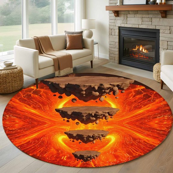 Floating Rocks Round Rugs for Living Room 6ft Abstract Natural Orange Red Lava Molten Core Non Slip Circle Rug Washable Low-Profile Indoor Carpet for Bedroom, Dining Room, Bathroom
