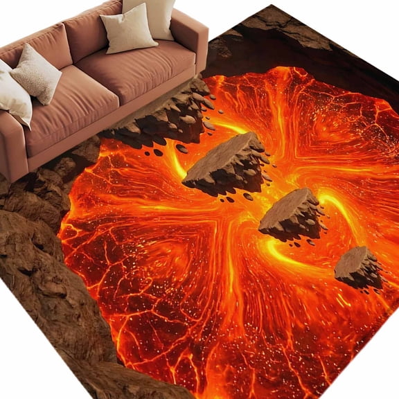 Floating Rocks Washable Living Room Rugs 9'x12', Abstract Natural Orange Red Lava Molten Core Low Pile Throw Large Area Rug Non-Slip Sturdy Edge Binding Carpet for Bedroom Dining Room Office
