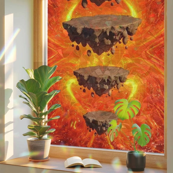 Floating Rocks Window Privacy Film, Abstract Natural Orange Red Lava Molten Core Stained Glass Rainbow Film Decorative Window Clings, Static Cling Sun Blocking Stickers 17.7" x 39.3"