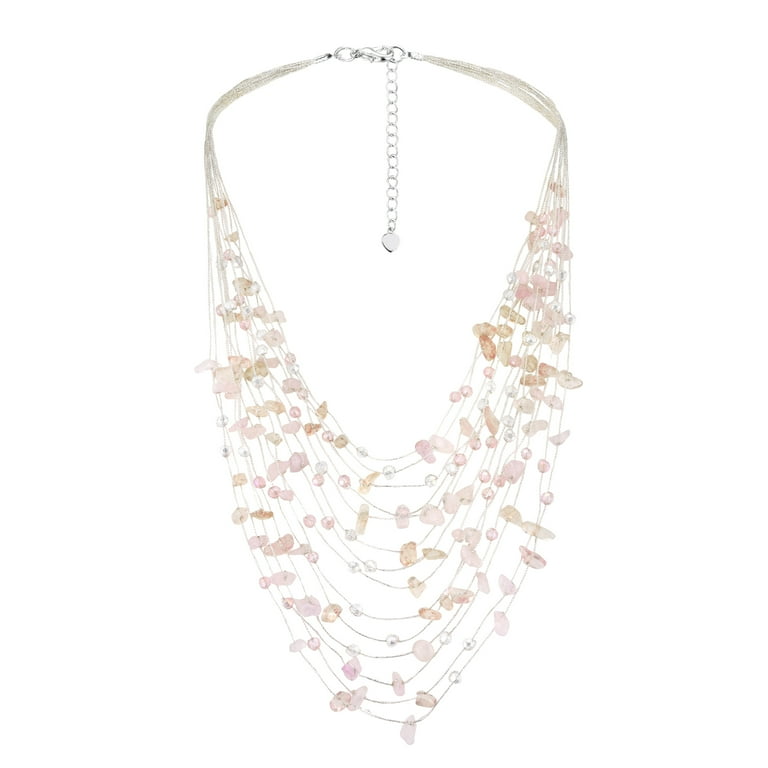 Floating Rose Quartz and Crystals Silk Thread Multi-Layered