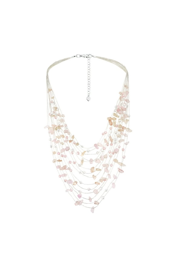 Floating Rose Quartz and Crystals Silk Thread Multi-Layered Statement Necklace